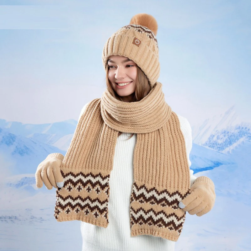 

3 Pcs/Set Winter Women Plush Knitted Cold Hat Warm Woolen Head Cap Scarf Gloves Hats Outdoor Ear Windproof Skiing Beanies Cap