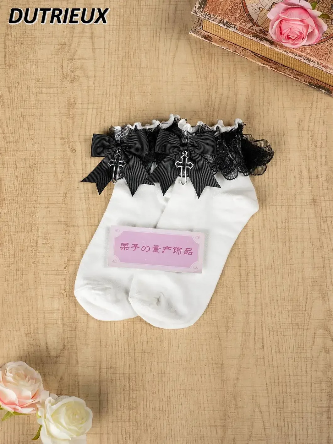 Japanese Style Mine Series Mass-produced White Black Lace Bow Sweet Cute Women's Lace Short Socks Medium Tube Summer Autumn