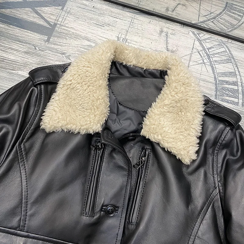 Fall Winter Warm Lamb Wool Collar Sheepskin Jackets Women Down Jackets Coat Fashion Single-breasted Pockets Real Leather Jackets