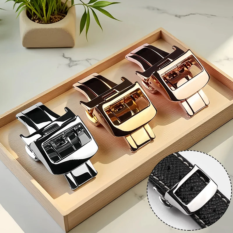 16/18/20mm Deployment Butterfly Buckle for Jaeger LeCoultre Watch Silicone cowhide Strap Silver Rose Gold Steel Folding Clasp