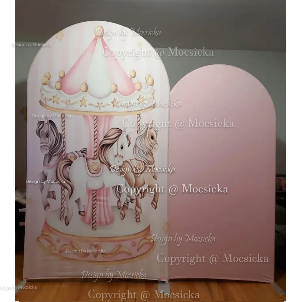 Mocsicka كاروسيل موضوع حفلة قوس خلفية التصوير الفوتوغرافي الأزرق الوردي الأزهار بالون خلفية ديكور صبي فتاة عرض الطفل استوديو الصور