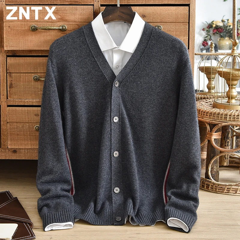 

ZNTX Pure cashmere sweater men's winter thick contrasting button cardigan V-neck striped simple casual jacket Korean style