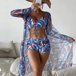 Msfilia Women's Swimsuit Split Three Piece Set High Waist Long Sleeve Ins Overshirt Drawstring Printed Bikini Suits