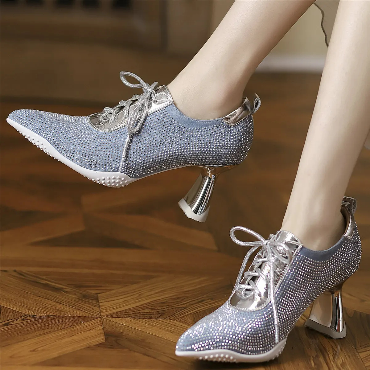 

Rhinestones Wedding Party Shoes Women Lace Up Cow Leather High Heel Pumps Female Slingbacks Pointed Toe Ankle Boots Casual Shoes