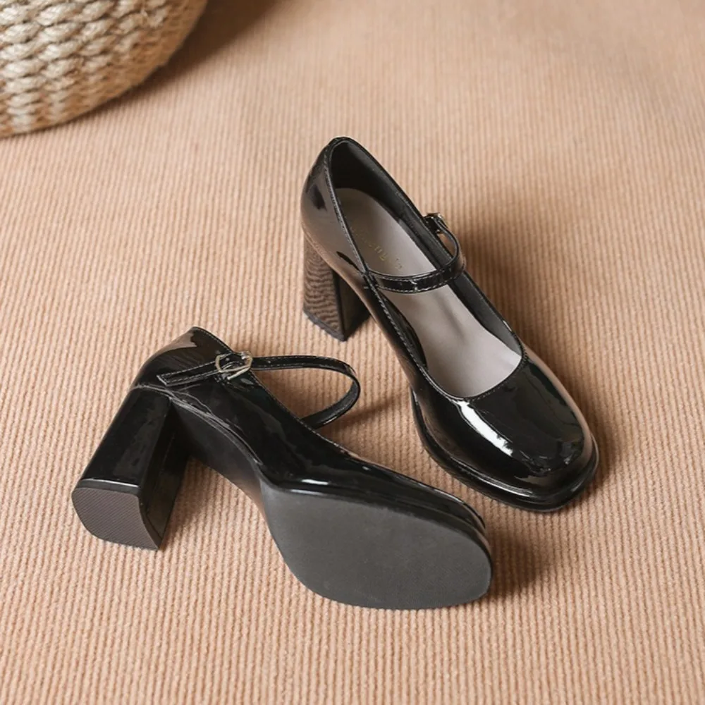 

Mary Jane Shoes Cowhide New Mary Jane Leather Shoes Woman Retro High Heels Women's Thick Heels Women's Single Shoes Women's