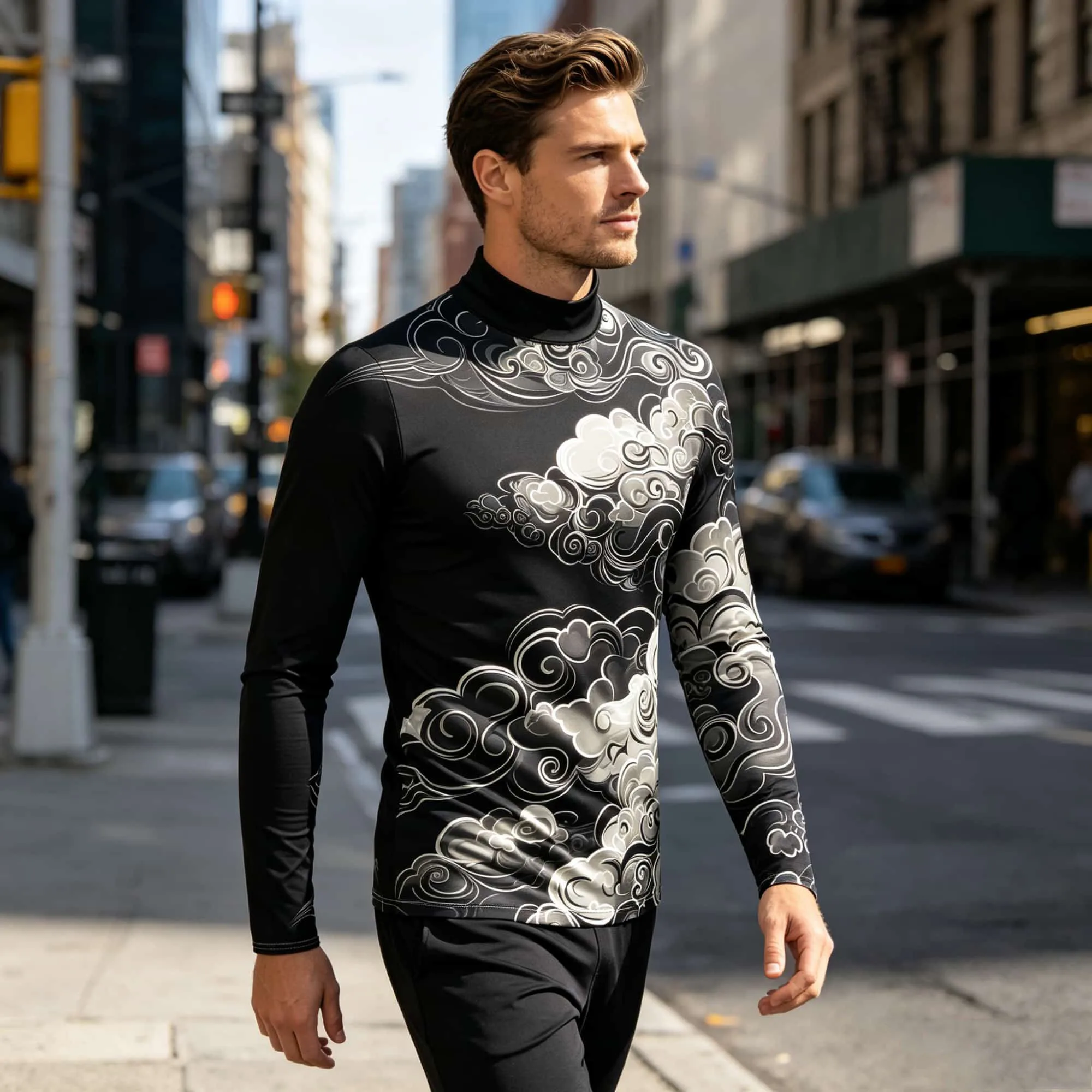 T-shirt décontracté pour homme à col montant et manches longues, imprimé artistique traditionnel chinois, motif nuage gris et blanc dégradé, respirant