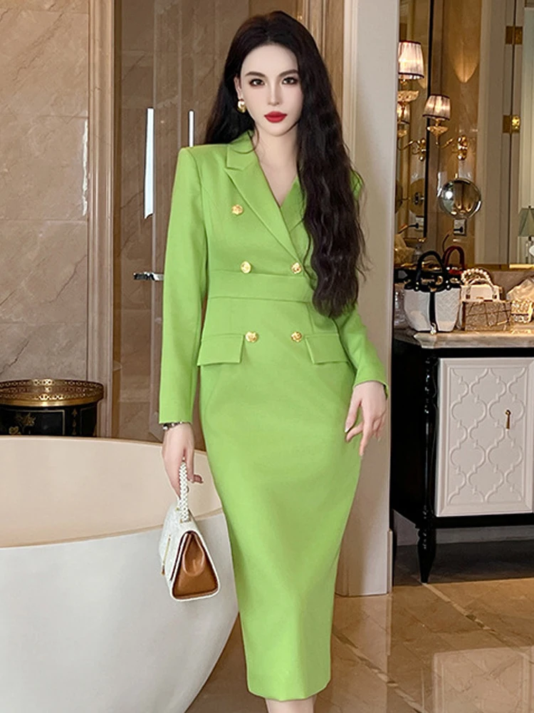 Spring Autumn Business Formal Long Dresses Women Clothes Mujer Elegant Office Commute Simple Wrap Hip Dress Robe Femme Vestidos