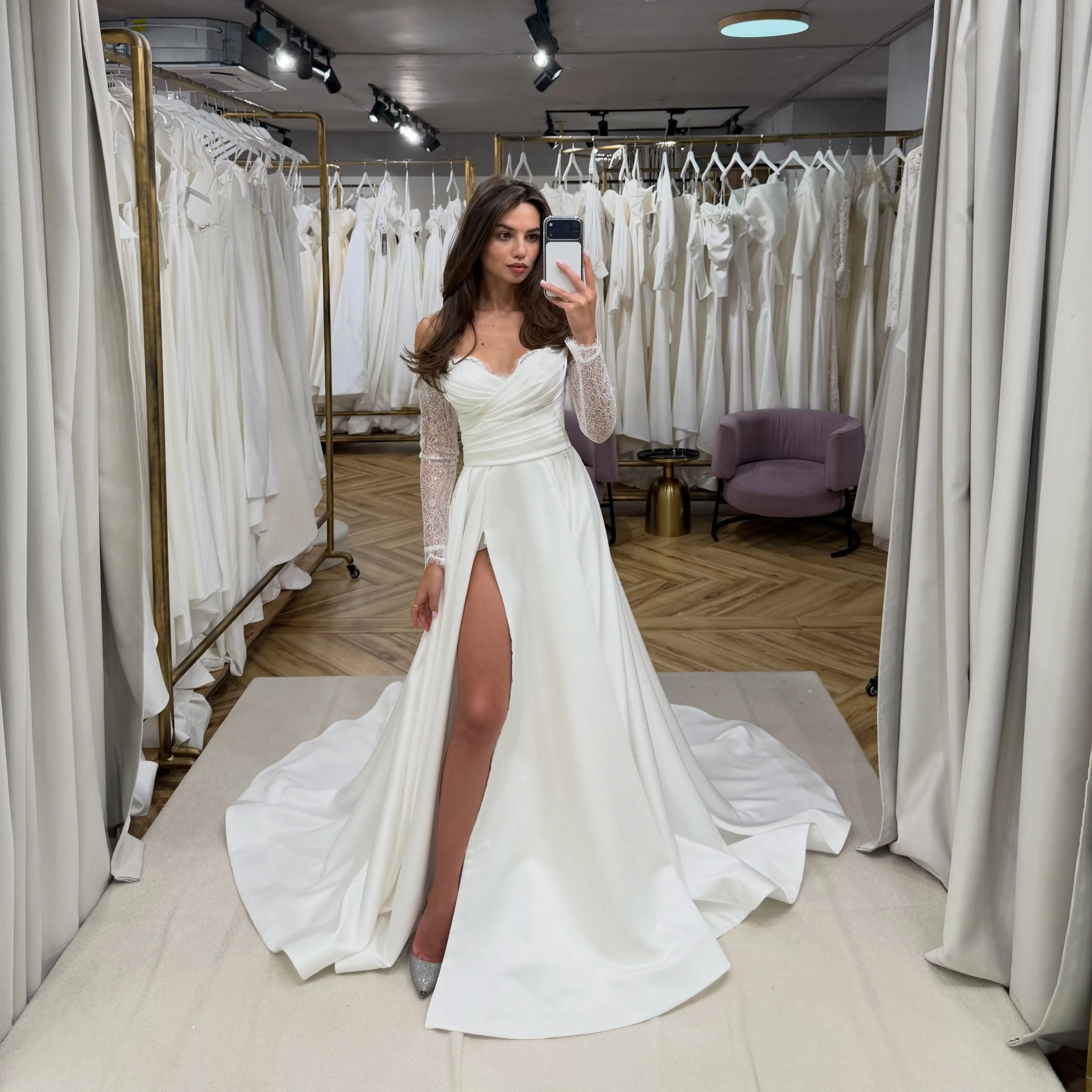 Custom Off Shoulder Lace Long Sleeve Satin Wedding Dress 2026 Sweetheart Ruched Bodice High Slit Chapel Train Bridal Gown