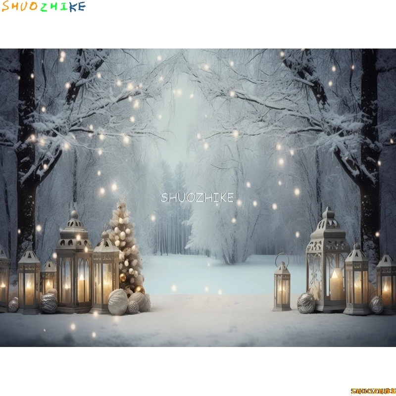 Christmas Tree With Gift Boxes Photography Backdrops Winter Snow Decorations Wooden Door Fireplace Room Background Props WR-04