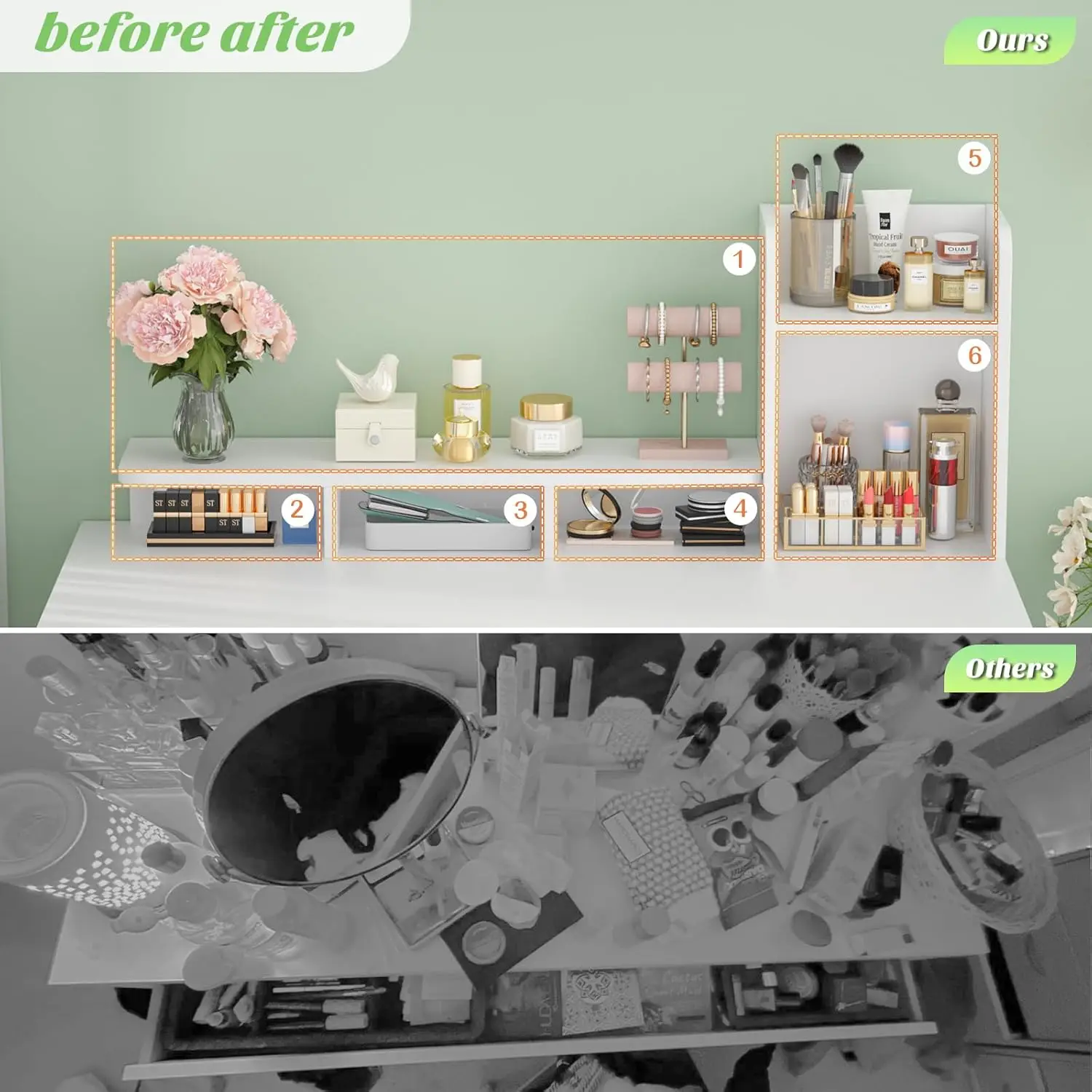 White Vanity Desk for Bedroom with Power Outlet, Drawers, Cabinets and Storage Shelves (No Mirror) view 4