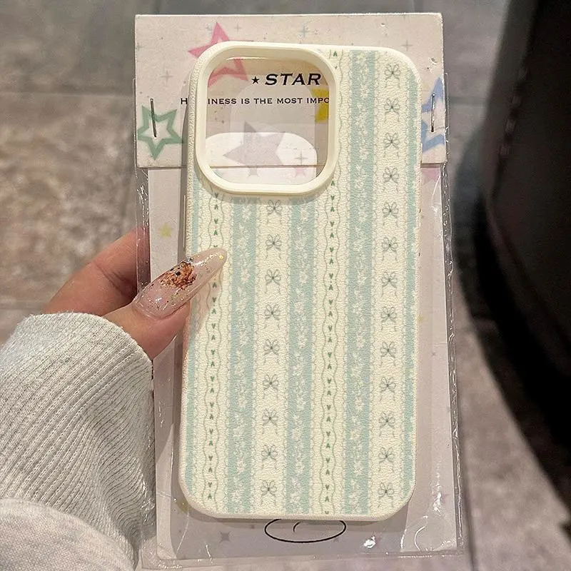 Fresh Light Green Bow Lace Stripes Phone Case, Matte Skin-friendly Texture Case Compatible with All iPhone Series