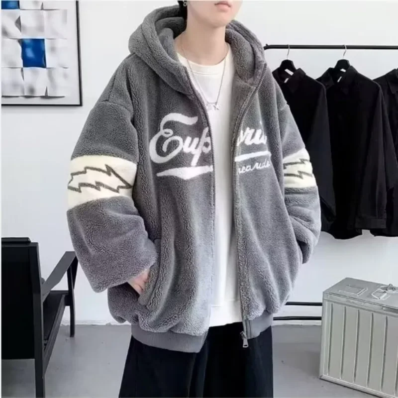 New Lamb Fleece Jacket Men Winter Thickened Korean Version Hoodie Trend Y2k Loose Couple Streetwear Y2k Warm Hooded Coat Jackets