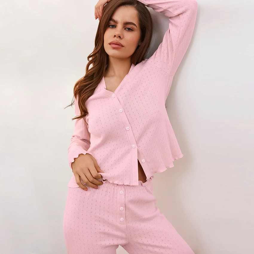 HiLoc Pink Sweet Knit Elastic Women'S Pajamas Two-Piece Suit V-Neck Button Down Long Sleeve Top Ruffle Edge Elastic Waist Pants