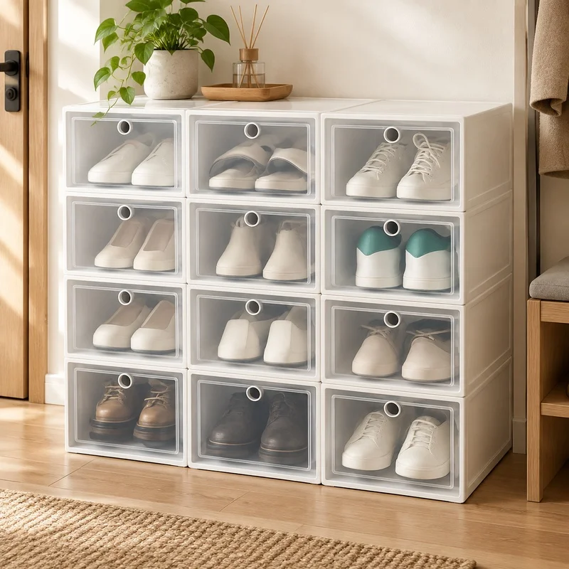 Durable Transparent Foldable Shoe Organizers Set of 6, Dustproof and Stackable Storage Boxes for Shoe Cabinet Efficiency