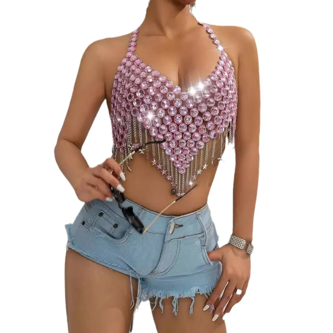 Pink Acrylic Diamonds Tassel Breast Chain For Women Handmade Woven Metal Tops camis Sexy Summer Women Crystal Bra Body Jewelry