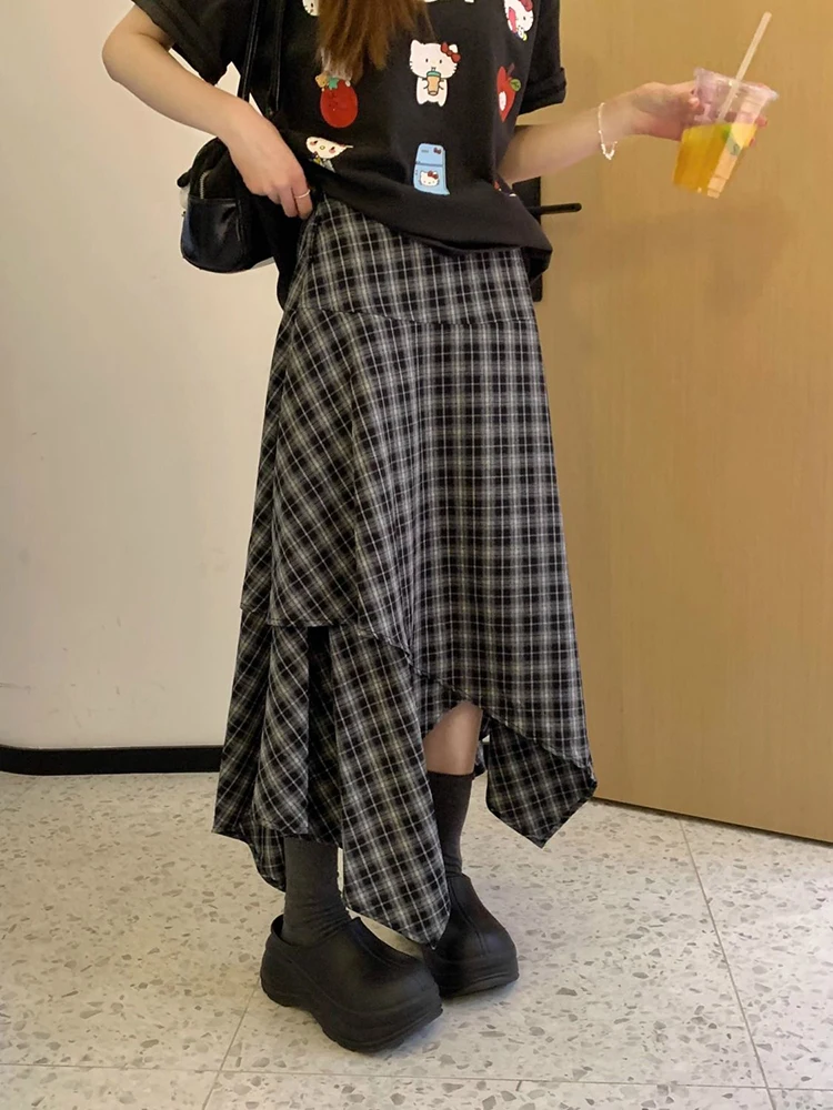 Streetwear Irregular Plaid Skirts Women Chic Vintage Design Casual Skirts Harajuku A Line Midi Skirts All Match Y2K Aesthetics
