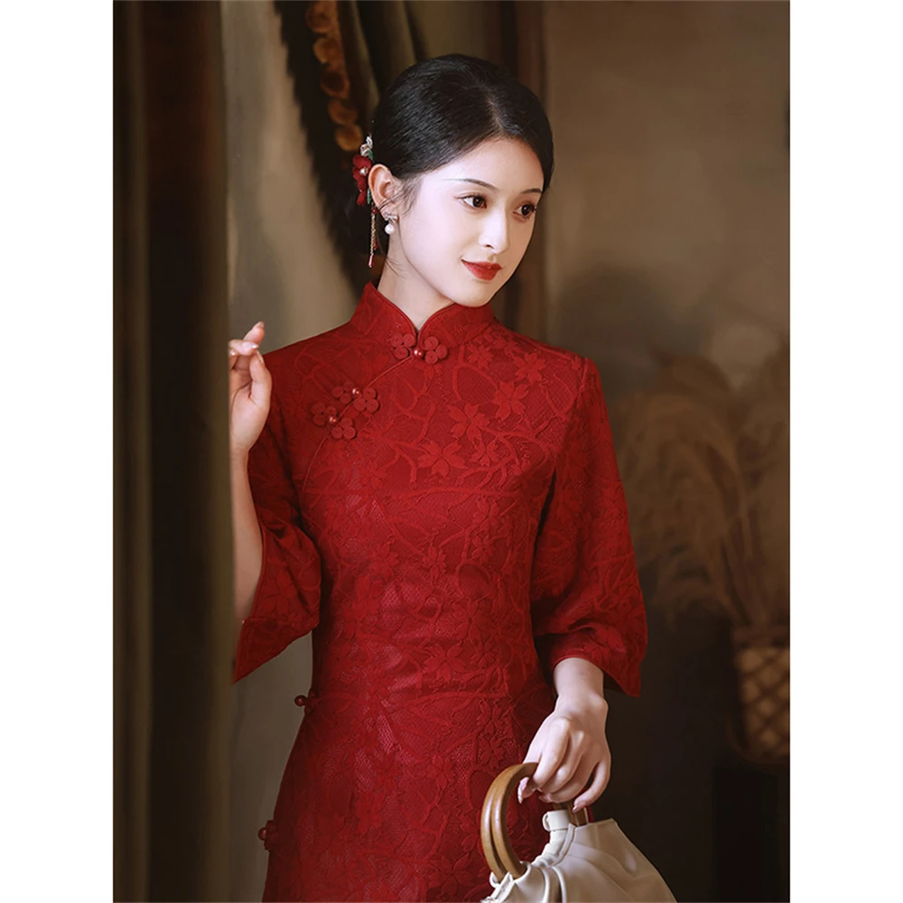 

Red Cheongsam Bride High-end New Long Toast Dress Chinese Engagement Banquet Improved Qipao Vestidos Evening Party Gown Chinoise