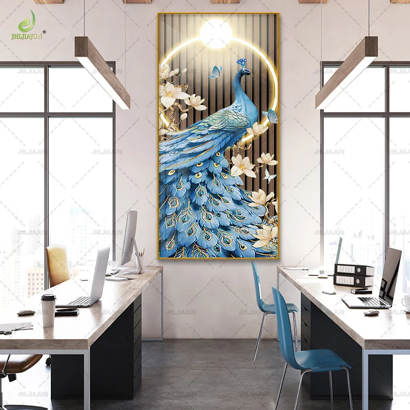 Luxury new gold frame peacock animal graphic living room crystal porcelain mural home decoration LED wall art