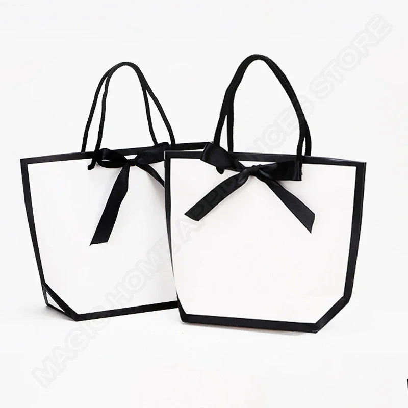 50pcs Ribbon Bow White Paper Tote Gift Bags with Handles Shopping Party Wedding Party Birthday Retail Bags