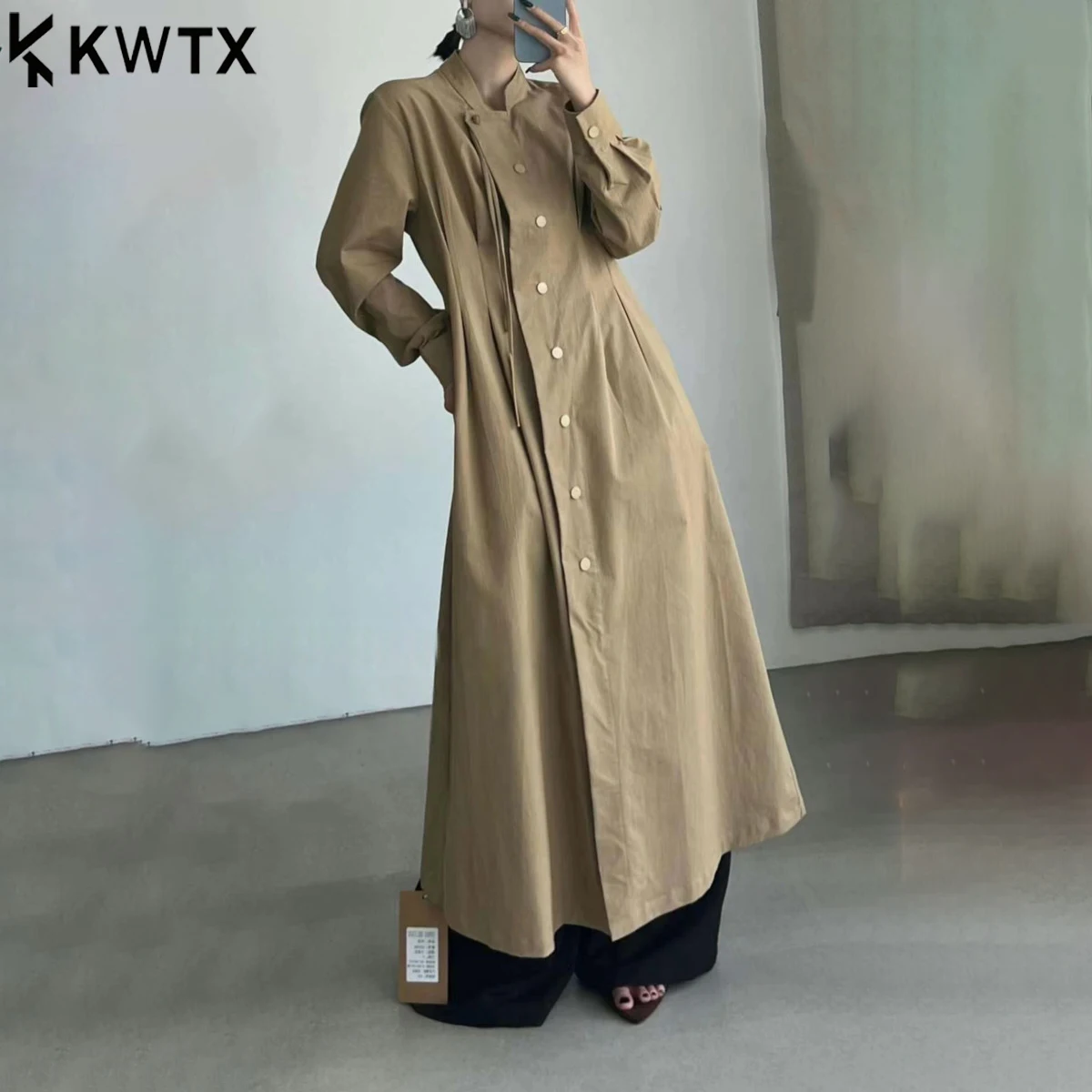 

KWTX 2025 новый роскошный женский плащ, длинный однобортный облегающий винтажный плиссированный плащ с карманами на талии, повседневный весна-осень