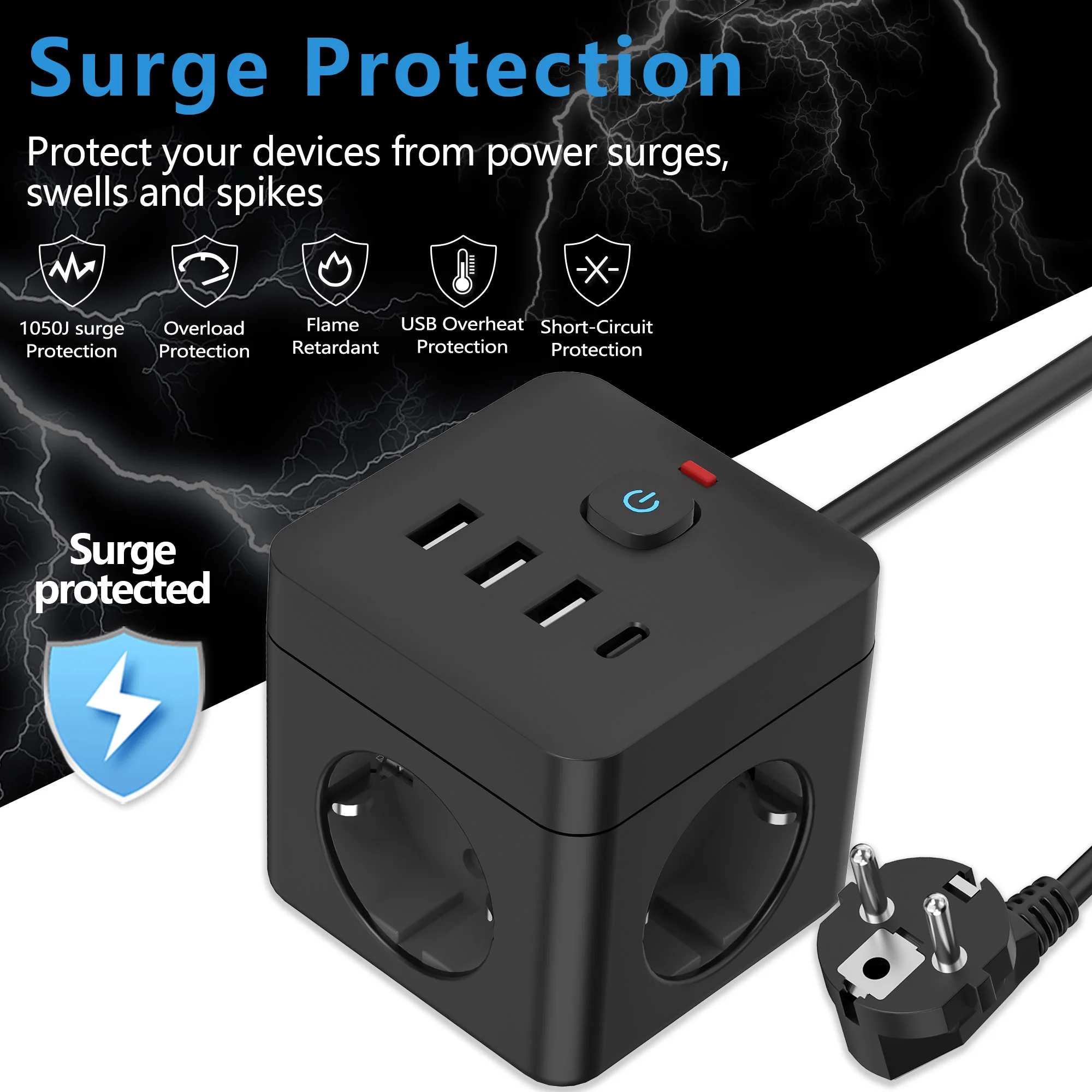 7-in-1 EU Power Strip, Power Strip Surge Protector, 3 AC Outlets 3 USB 1 Type-C, Desktop Charging Station With Overload Protecti