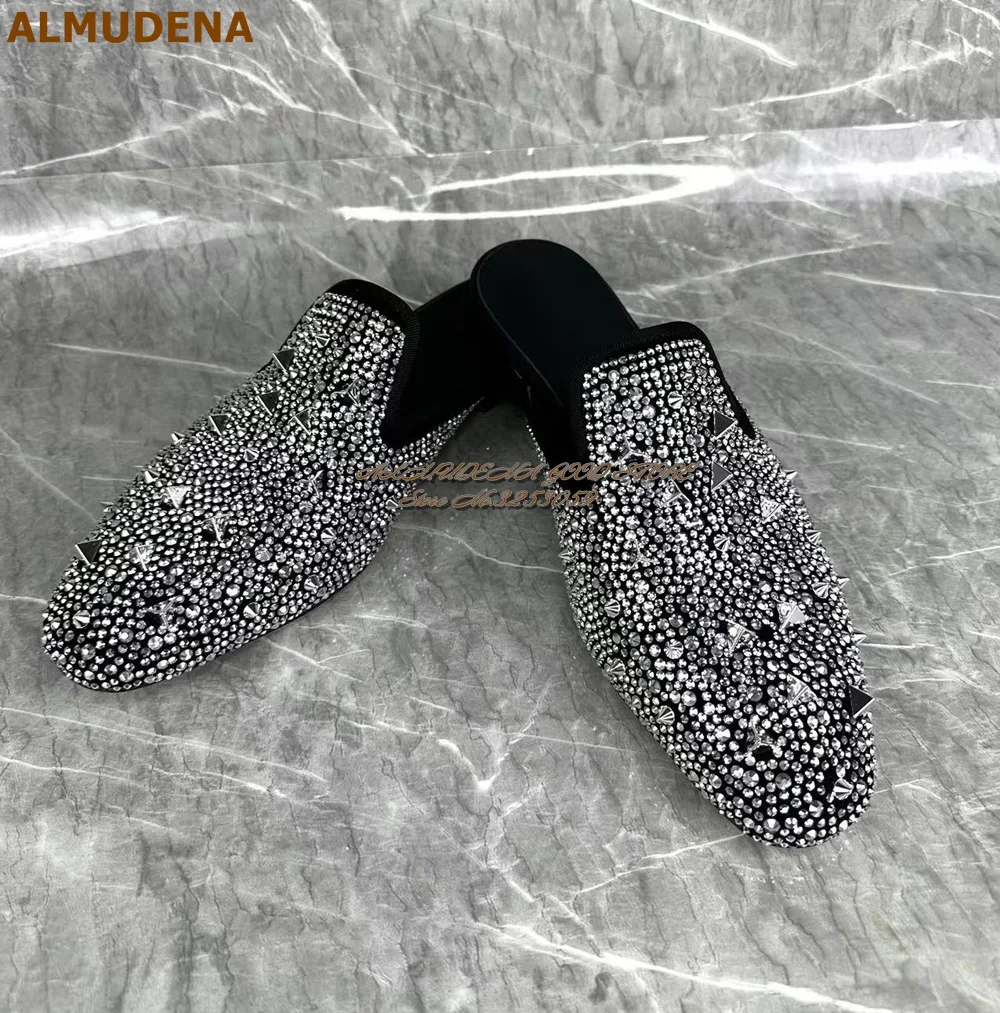 ALMUDENA Bling Bling Silver Crystal Flat Slippers Metallic Rivets Loafers Slip-on Glittering Rhinestone Dress Shoes