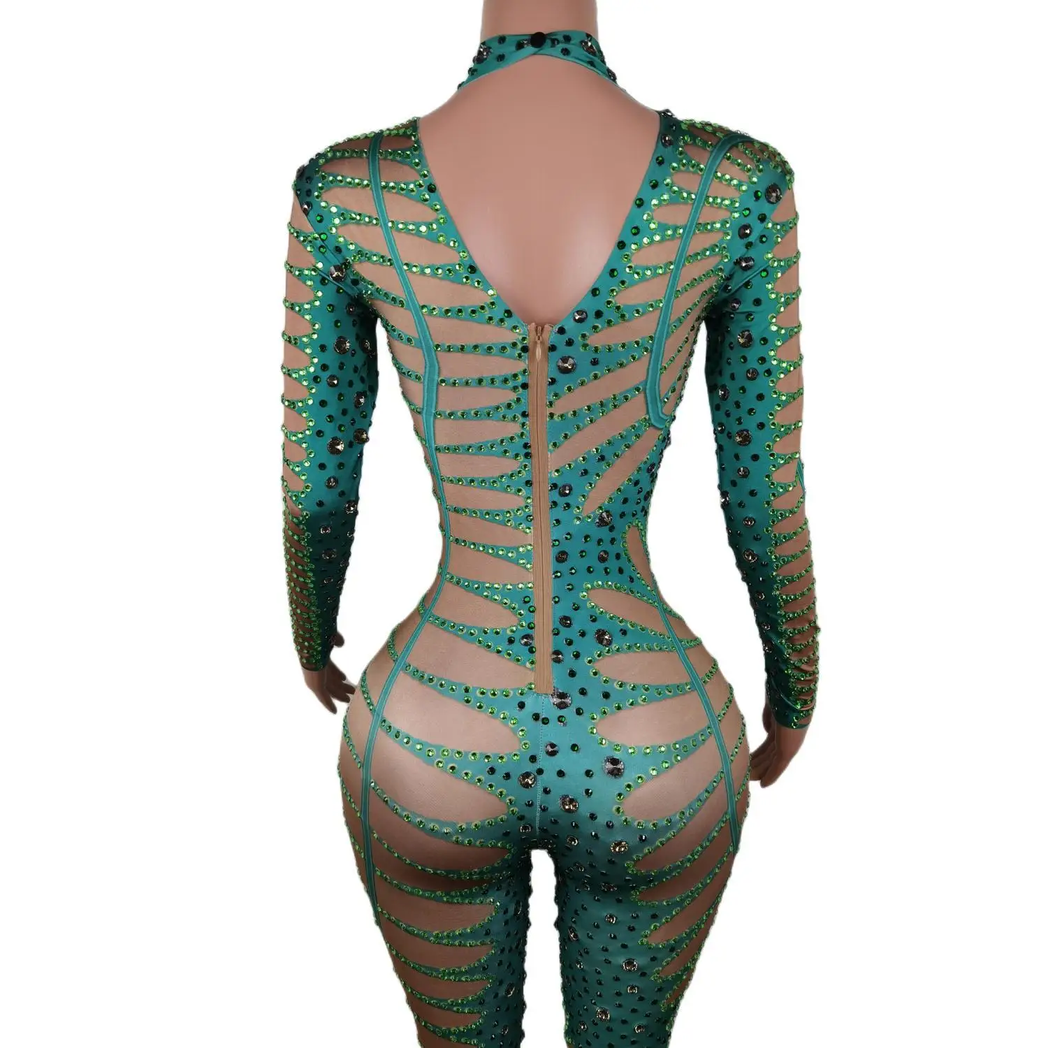 Woman Green Rhinestones Jumpsuit Nightclub Dancer Prom Performance Celebrate Outfit Evening Birthday Party Dresses Lvyecao