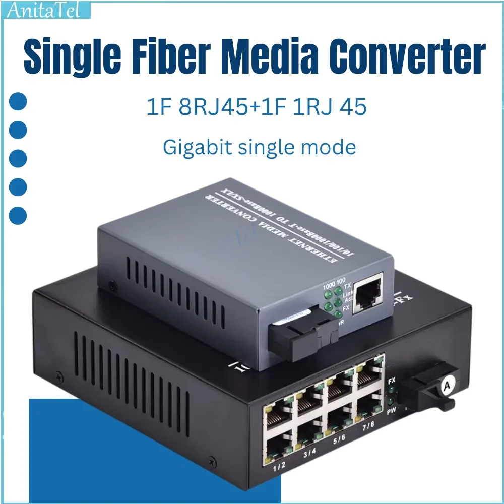 

Fiber Gigabit Transceiver SC Fiber 8RJ45 + RJ45 Singlemode 10/100M 1000M Media Converter 20Km 1 Pair