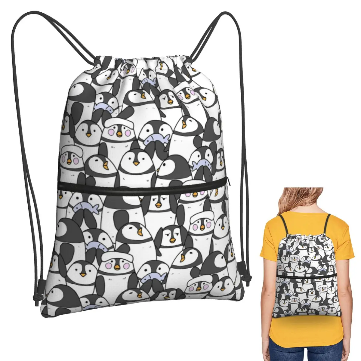 Hand Drawn Penguin Set Backpacks Portable Drawstring Bags Sports Bag Book Bags for Man Woman Students