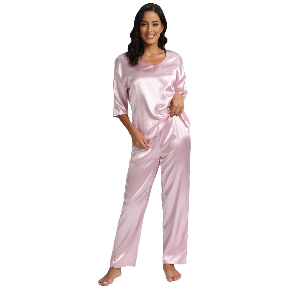 Womens Silk Satin Pajamas Loungewear Two-piece Sleepwear Pj Set