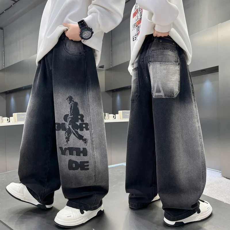 Neue Mode Kinder Farbverlauf Schwarz Jeans mit Zeichnung für Jungen Mädchen Casual Streetwear Denim Hosen Kind Gerade Fit Jeans Hosen