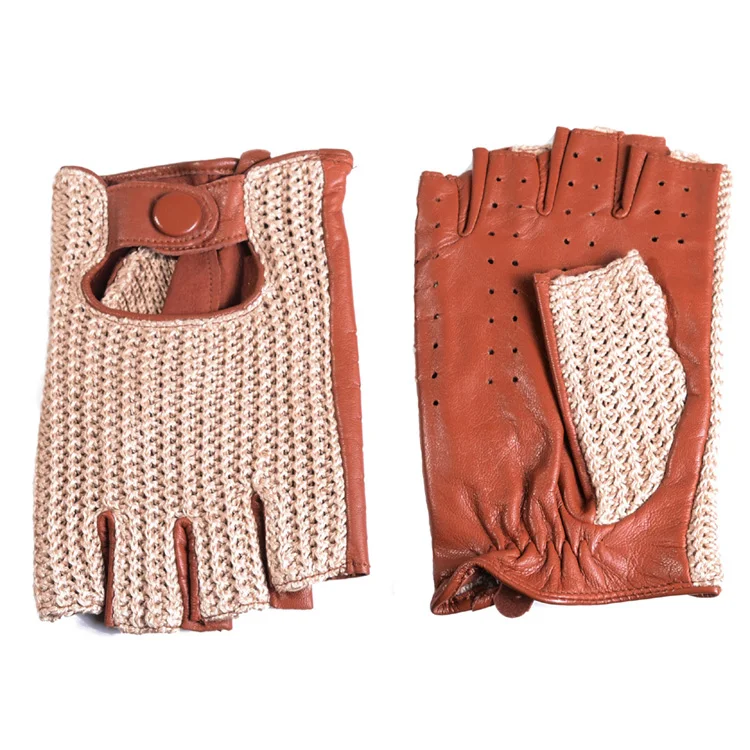 Men's Genuine Leather Unlined Retro Snap-fastener Fingerless Semi-finger Tactical Driving Riding Punk Rock Short Gloves Mitts