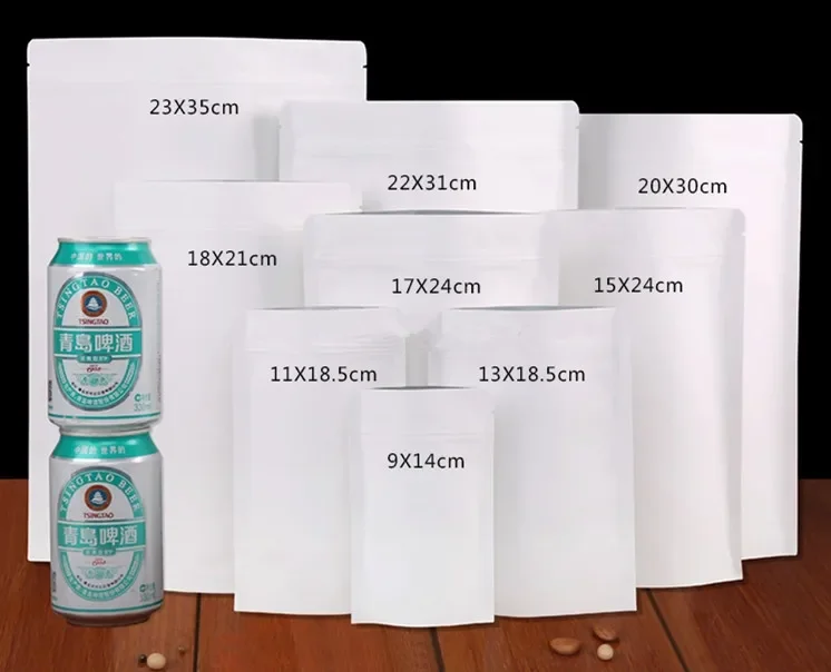 

100 шт./лот, 8 вариантов размеров, белая бумага, сумка с застежкой-молнией, алюминиевая фольга, инкрустация, кофейные зерна, чайный порошок, подарочные пакеты для еды и вечеринки