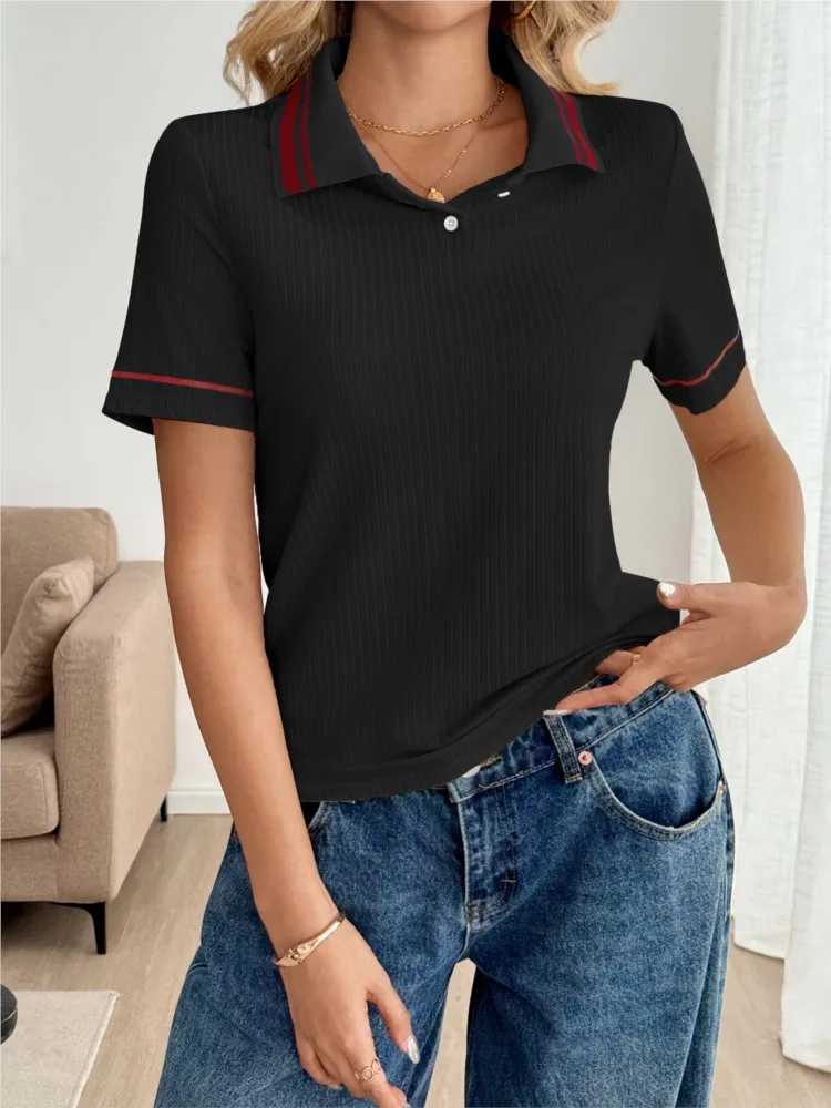 Frühling Sommer Einfachen Stil Casual Pendler frauen POLO-Shirt Modische Farbe Block Gestrickte Kurzen ärmeln Lose T-shirt Top