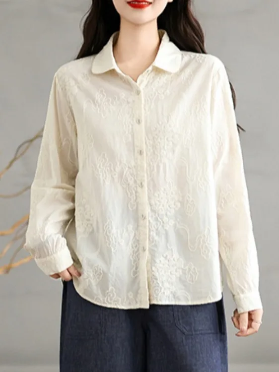 

Весна-Лето 2026: Свободная рубашка-кардиган с длинным рукавом и вышивкой, с открытым воротом, для женщин больших размеров, повседневная одежда