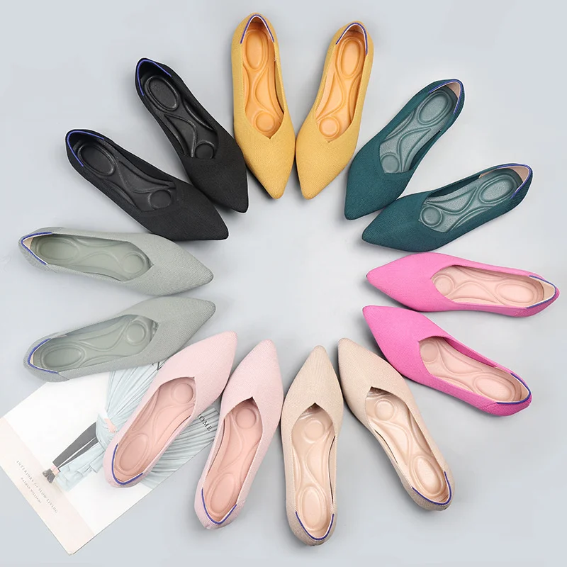 

2024 Spring Autumn New Fashion Solid Color Ballet Flats Knitted Comfortable Breathable Pointed Toe Soft Sole Flat Single Shoes