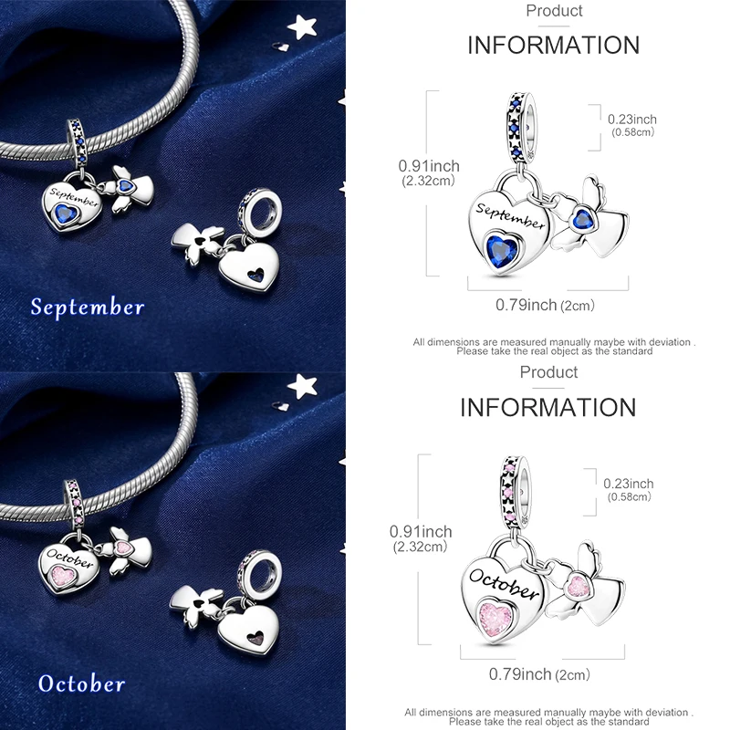 925 Sterling Silber 12 Monate Geburtsstein Engel-Herz-Anhänger Besd Januar-Dezember DIY Armband Halskette Geburtstagsgeschenk für Frauen – Detail 5