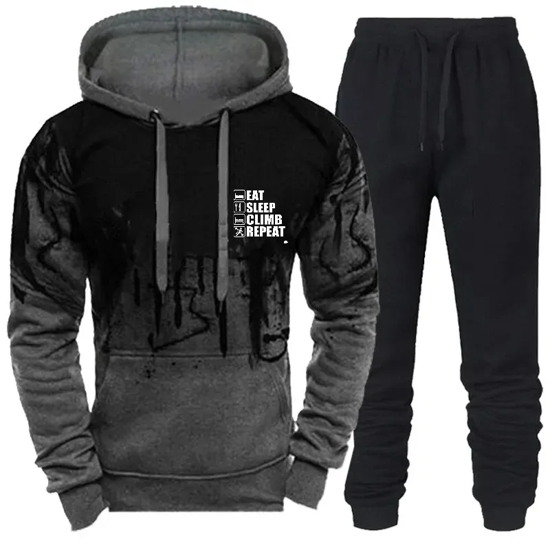 رجل هوديي أسود رمادي مطبوعة أكل النوم تسلق تكرار الرياضة في الهواء الطلق البلوز رياضية مجموعة لصالة الألعاب الرياضية المشي لمسافات طويلة ملابس غير رسمية #3