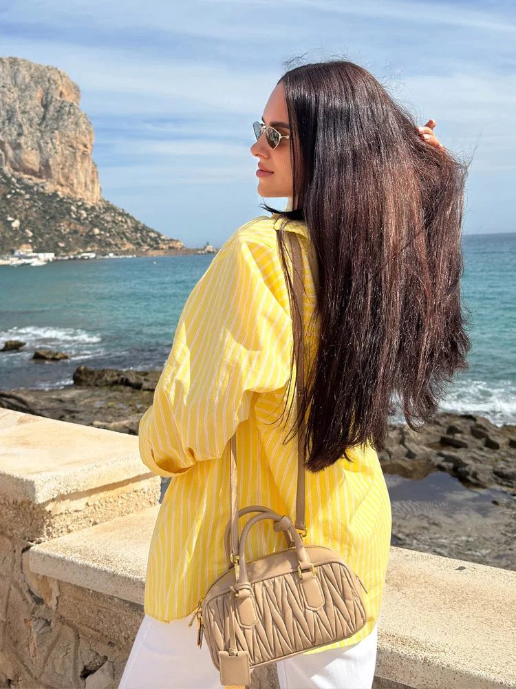 HH الإناث الصيف قمصان غير رسمية الأصفر بدوره إلى أسفل طوق كم طويل جيب تزيين واحدة الصدر المرأة بلوزات الموضة