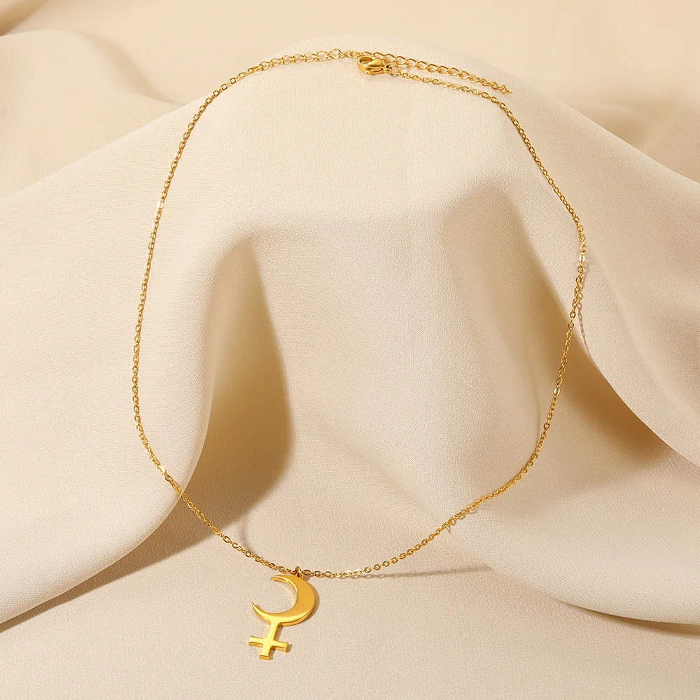 Gold Color Moon Cross Lilith Symbol Pendants Necklace For Women Stainless Steel Charms Astrological Symbol Sign Amulet Jewelry