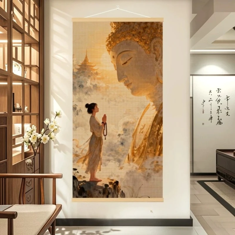 Paintings Buddha Devotee Bamboo Scroll Wall Art Zen Buddhism Golden Tone for Yoga Room Meditation Dome Healing Space
