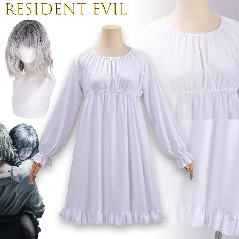 

Костюм для косплея Эмили из Resident Evil 9: белое платье с рюшами, серебряные парики для Хэллоуина, карнавала, вечеринки RE9 Requiem, Лолита-вечеринки