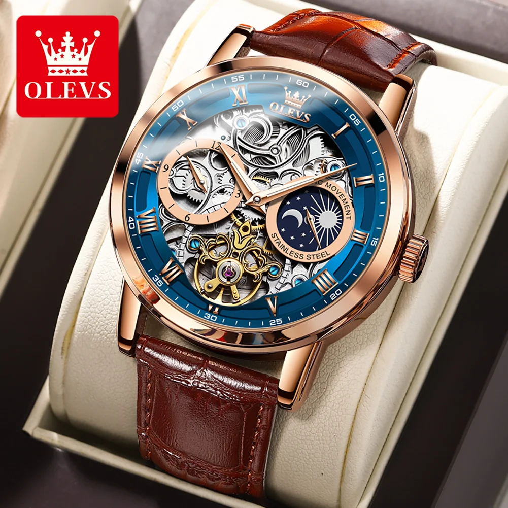 

OLEVS Original Brand Men Watch Leather Strap Moon Phase Automatic Mechanical Watch Luminous Waterproof Luxury Male Wristwatch