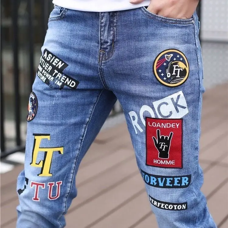 Trendy Brand Letter Printing Pattern Embroidered Jeans Men's Korean Graffiti Slim-fitting Small Feet Versatile Casual Trousers