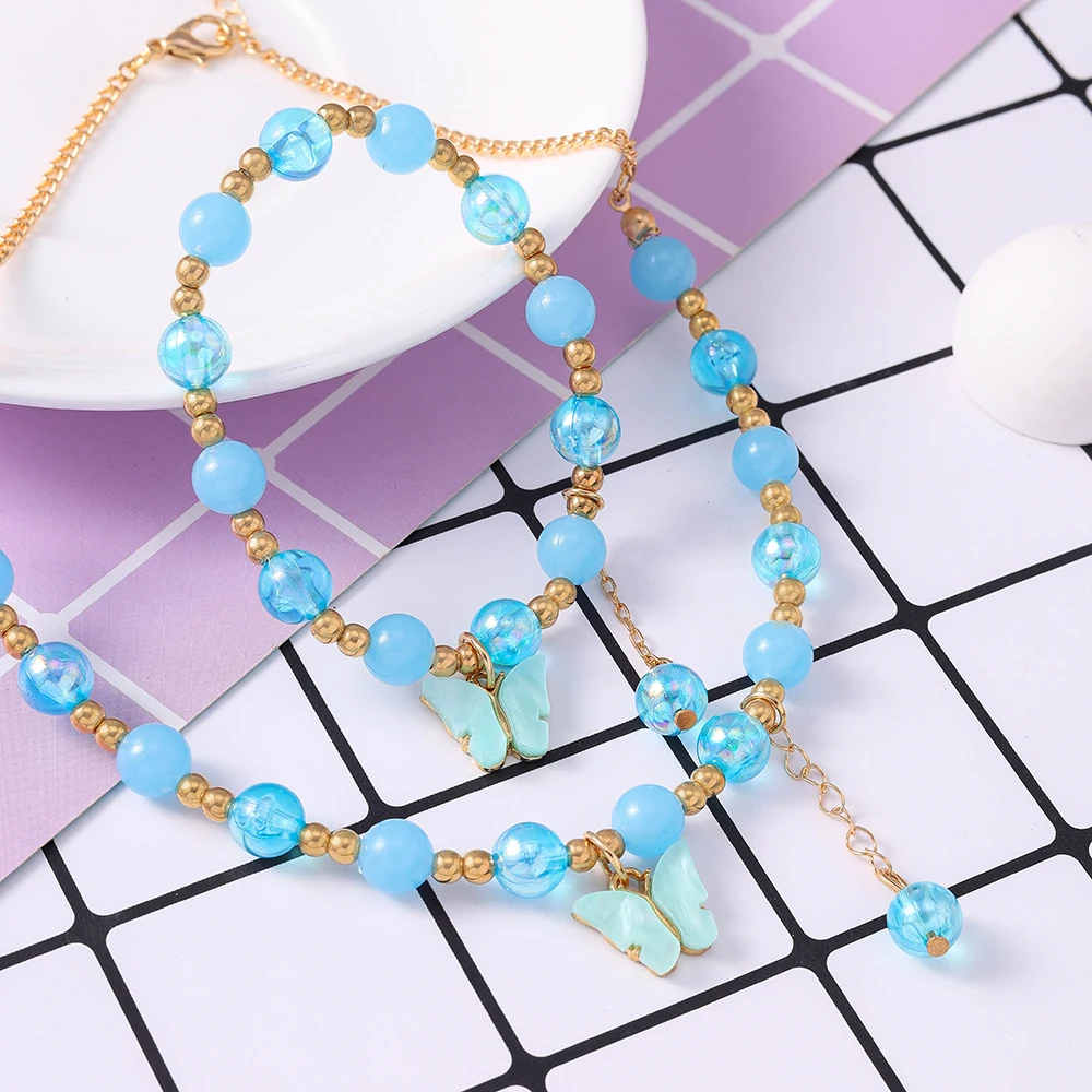 Aihua Romantische rosa Kristall Schmetterling Armband Halskette für Frauen Mädchen bunte Popcorn Perlen Halsband Halskette Schmuck Set – Detail 7