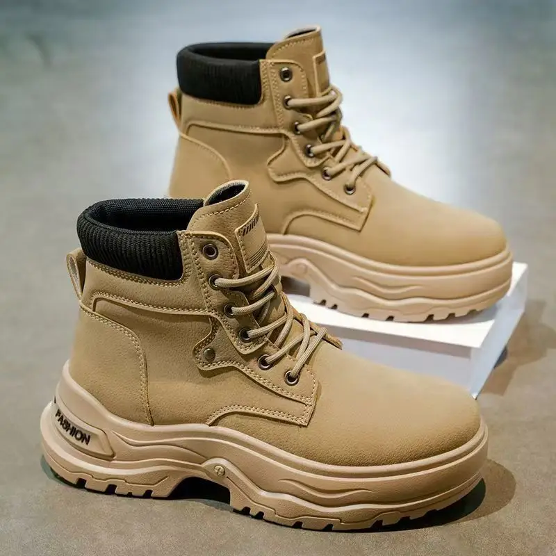 

Мужские кожаные ботинки на шнуровке, осенне-зимние, новые, с толстой подошвой, круглым носком, высокие, для активного отдыха, походные, мотоциклетные ботинки