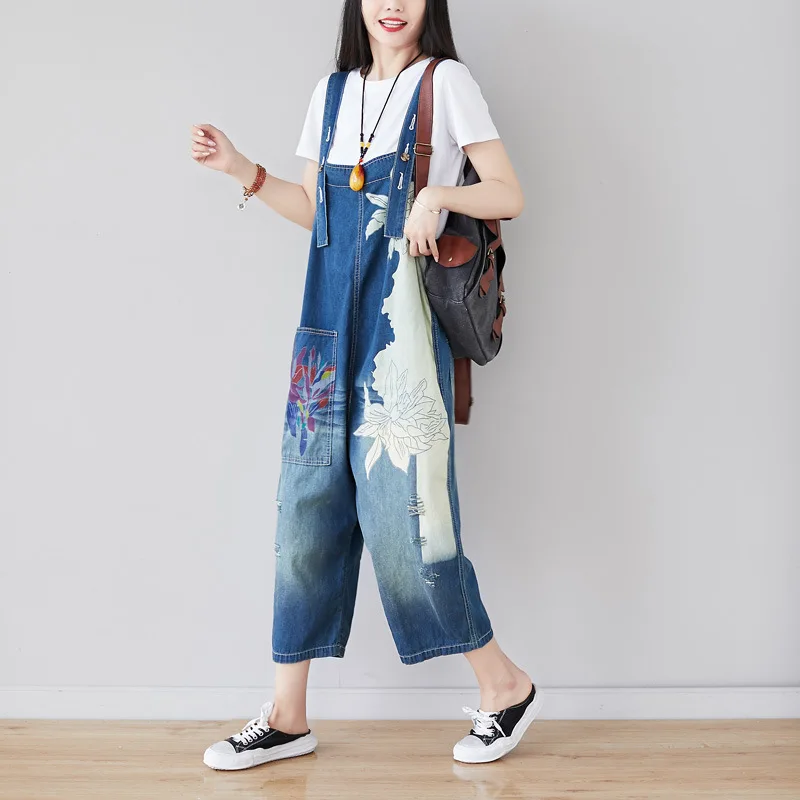 

Ankle Length Denim Overalls Women Jeans Spliced Wide Leg Pants Streetwear Washed Jean Loose Fit Pockets 2024 Print Summer