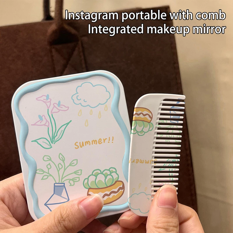 Cute Cartoon Botany Folding Clamshell Mirror Makeup Mirror With Comb Portable Creative For Women Girls Handheld Mirror ﻿