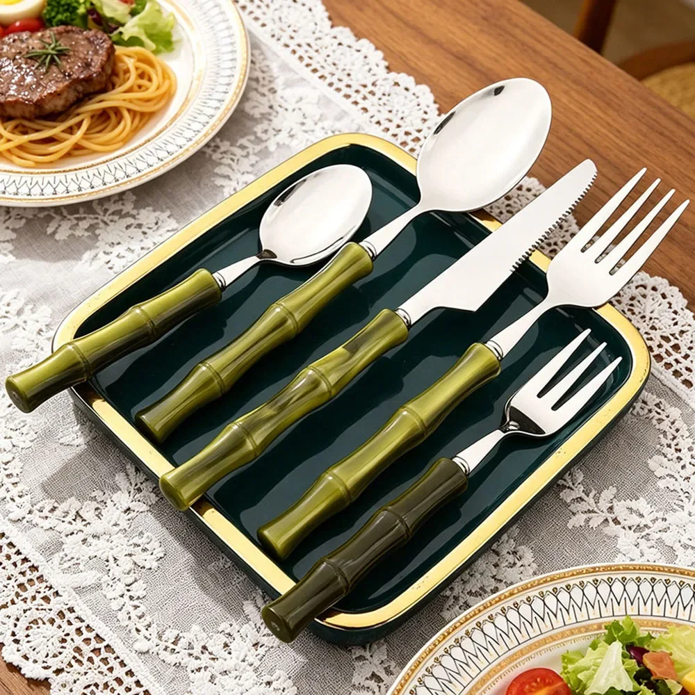 

5Pcs Imitation Bamboo Handle Dinnerware Set Knife Cake Fork Spoon Tableware Set Stainless Steel Cutlery Kitchen Flatware