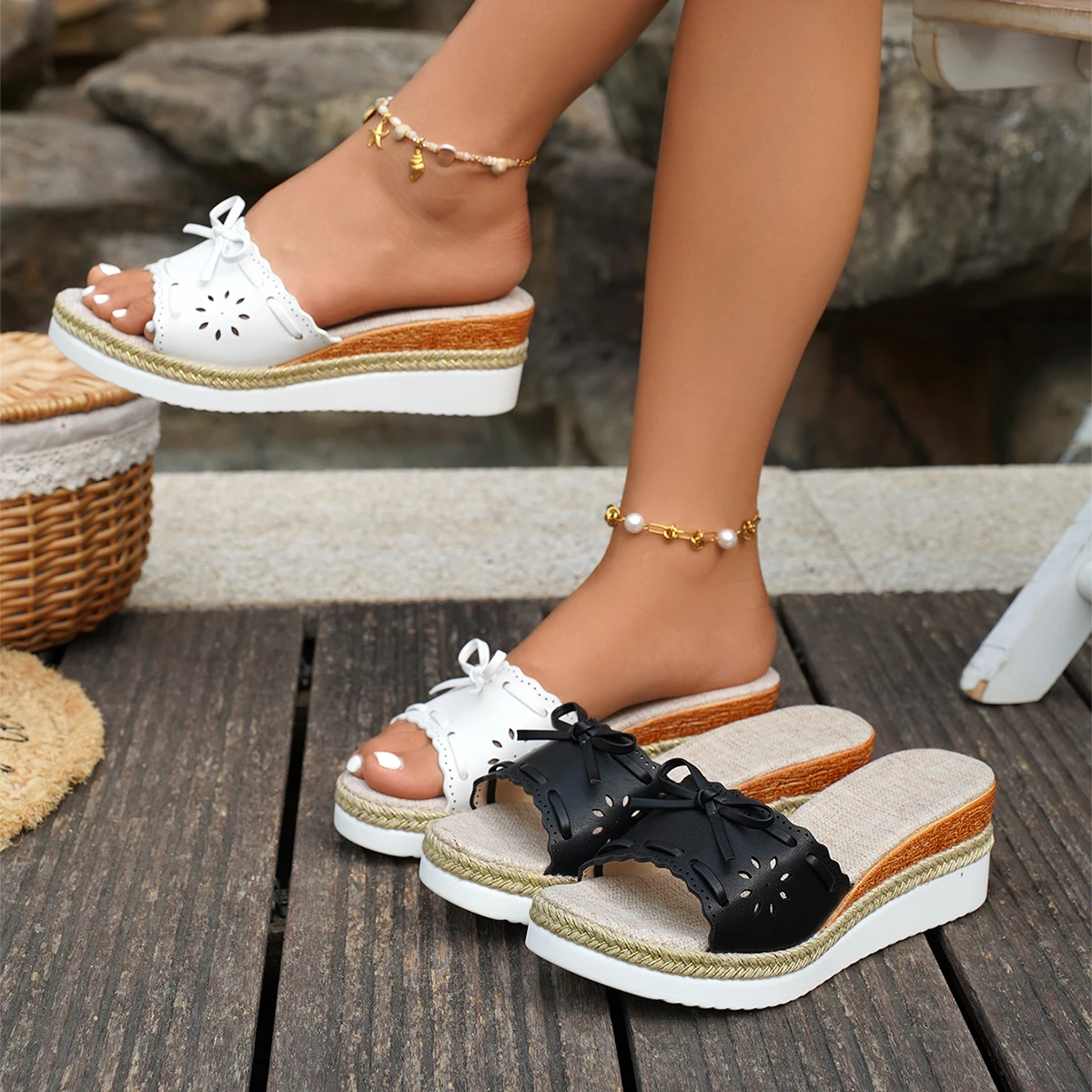 

Women 2026 New Sandals Summer Wedge Heel Sandals Fashion Thick Sole Beach Slippers Woman Bow Knot Platform Plus Size Shoes Women